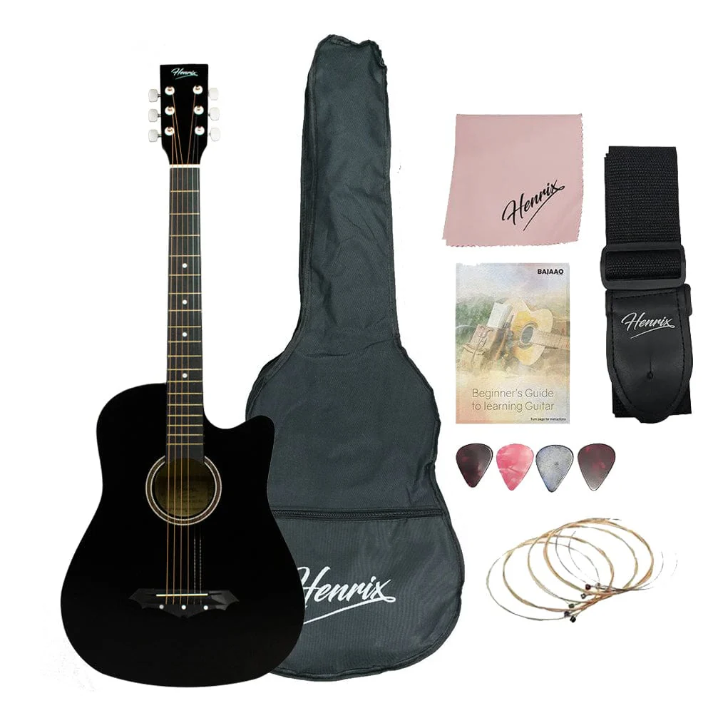 Henrix 38C 38 Inch Cutaway Acoustic Guitar with Dual Action Truss Rod, Gigbag, Picks, String Set, Strap, Cloth & Ebook - Standard / Natural / Right Handed - Image 5